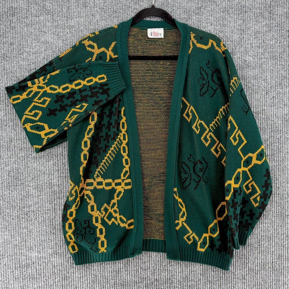 Vintage 80s Bright Lights womens cardigan XL emerald green open front USA made